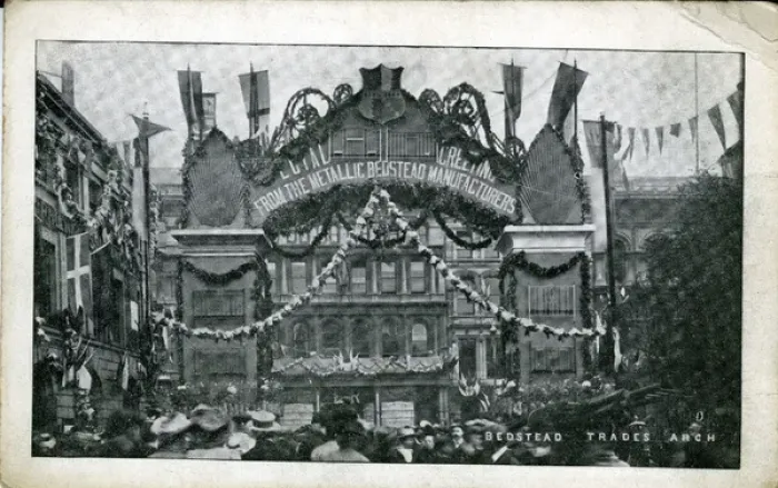 Framed Print : Bedstead Trades Arch during the Royal Visit, Birmingham Framed Print : Bedstead Trades Arch during the Royal Visit, Birmingham