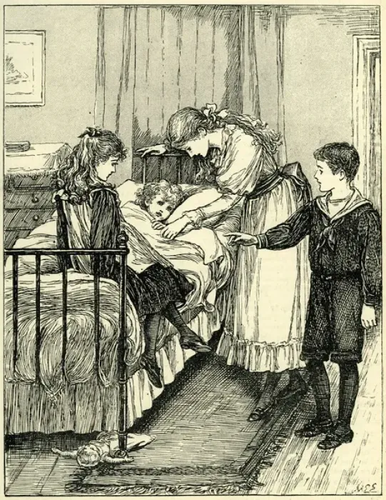 Framed Print : Bedtime. Mother putting her youngest daughter to bed Framed Print : Bedtime. Mother putting her youngest daughter to bed