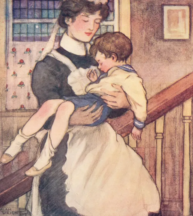 Framed Print : Bedtime. Nurse carrying a weary child upstairs to bed Framed Print : Bedtime. Nurse carrying a weary child upstairs to bed