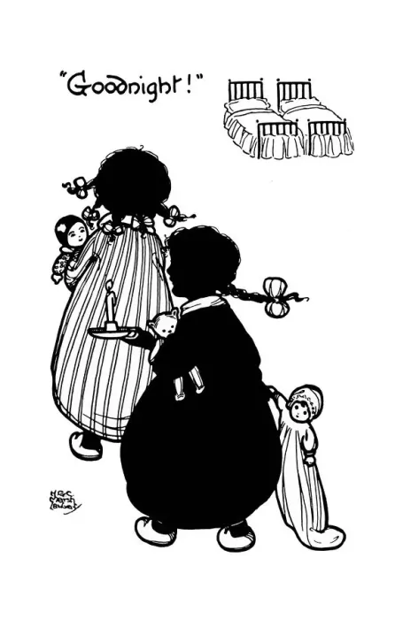 Framed Print : Bedtime. Goodnight. Two young girls off to bed with their dolls Framed Print : Bedtime. Goodnight. Two young girls off to bed with their dolls