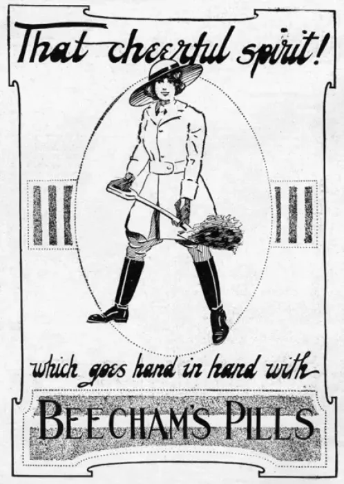 Framed Print : Beechams Pills advert with land girl, WW1 Framed Print : Beechams Pills advert with land girl, WW1