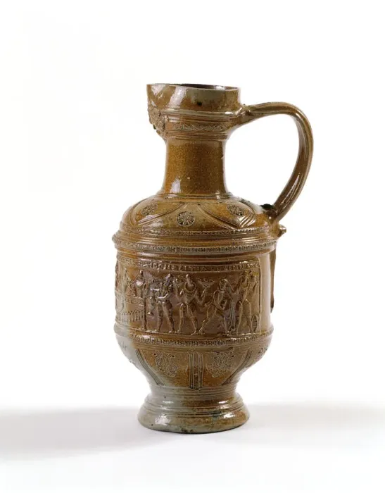 Framed Print : Beer jug. Salt-glazed stoneware beer jug with an applied Framed Print : Beer jug. Salt-glazed stoneware beer jug with an applied