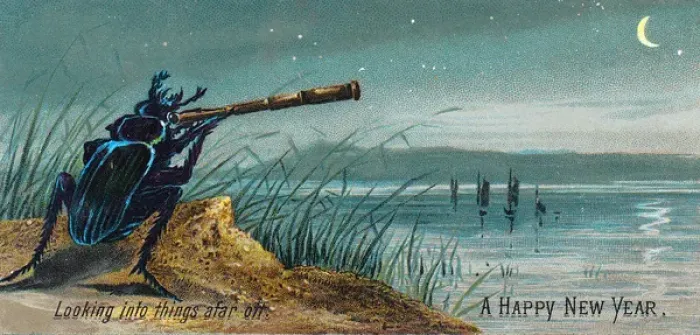 Framed Print : Beetle with telescope on a New Year card Framed Print : Beetle with telescope on a New Year card