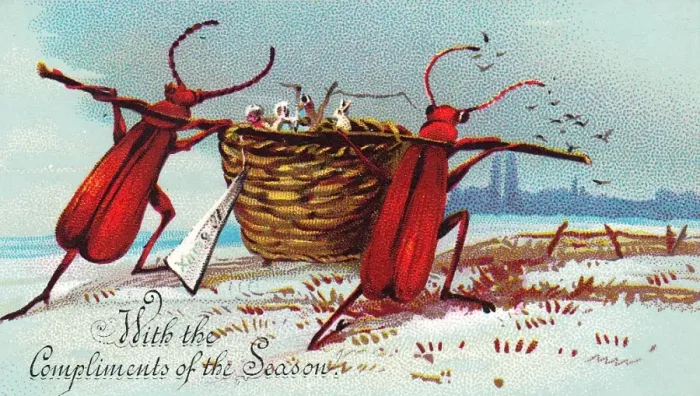 Framed Print : Beetles carrying presents on a Christmas card Framed Print : Beetles carrying presents on a Christmas card