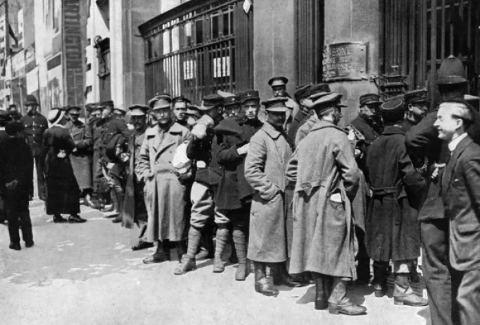 Framed Print : Belgian soldiers wait for railway passes, WW1 Framed Print : Belgian soldiers wait for railway passes, WW1