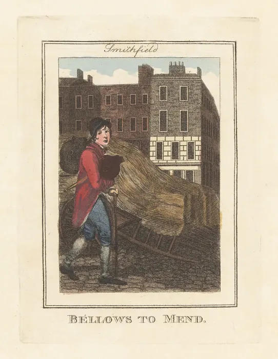Framed Print : Bellows-repairer in Smithfields Market, London, 1805 Framed Print : Bellows-repairer in Smithfields Market, London, 1805