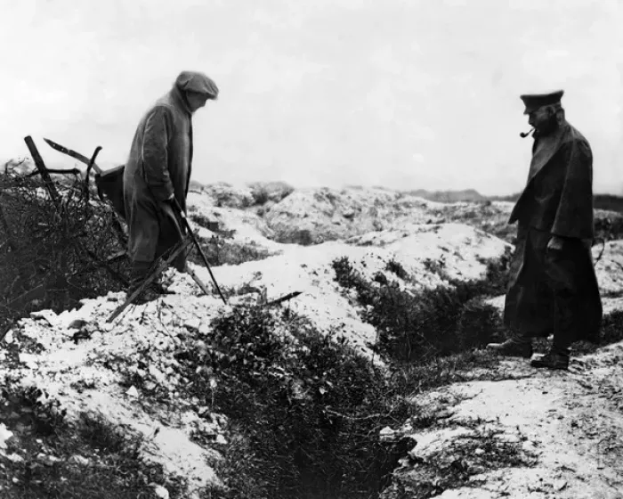Framed Print : Ben Tillett looking at a German trench, Western Front, WW1 Framed Print : Ben Tillett looking at a German trench, Western Front, WW1