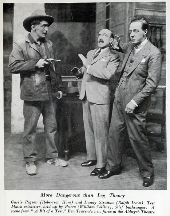 Framed Print : Ben Travers farce scene, theatrical action photograph. With description, More Dangerous than Leg Theory; Gussie Pogson (Robertson Hare) and Dandy Stratton (Ralph Lynn), Test Match cricketers, held up by Peters (William Collins) Framed Print : Ben Travers farce scene, theatrical action photograph. With description, More Dangerous than Leg Theory; Gussie Pogson (Robertson Hare) and Dandy Stratton (Ralph Lynn), Test Match cricketers, held up by Peters (William Collins)