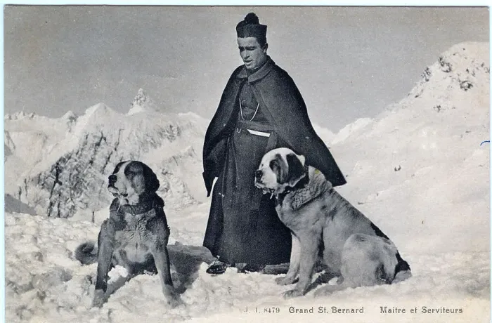 Framed Print : A Benedictine monk with two St Bernard rescue dogs Framed Print : A Benedictine monk with two St Bernard rescue dogs