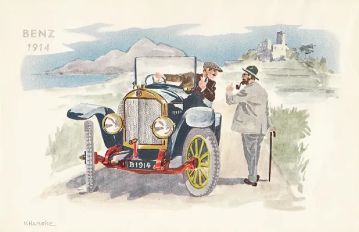 Framed Print : Benz car on a postcard Framed Print : Benz car on a postcard