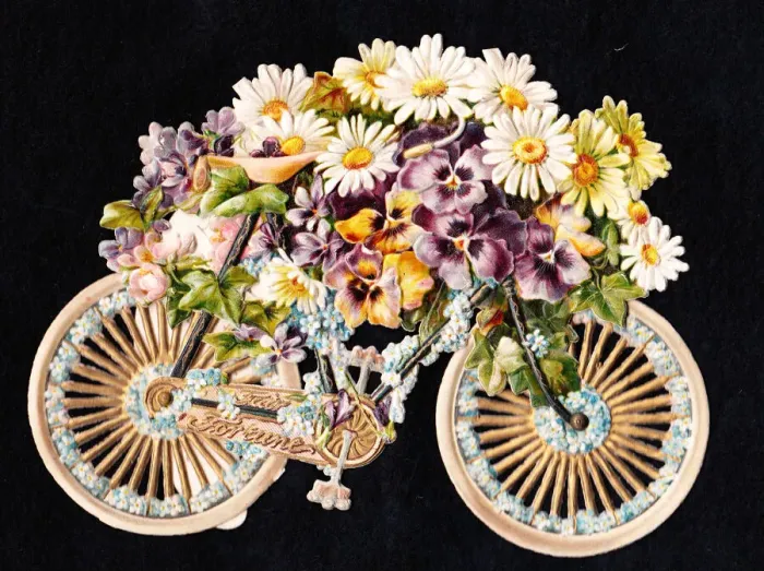 Framed Print : Bicycle covered in flowers on a cutout greetings card Framed Print : Bicycle covered in flowers on a cutout greetings card