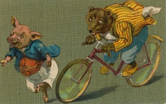 Framed Print : Bicycling Bear and Pig Framed Print : Bicycling Bear and Pig