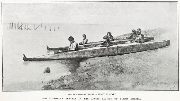 Framed Print : A Bidarka Voyage, Alaska from pictures published in The Illustrated London News of Lord Lonsdale's expedition in 1889 through North West North America Framed Print : A Bidarka Voyage, Alaska from pictures published in The Illustrated London News of Lord Lonsdale's expedition in 1889 through North West North America