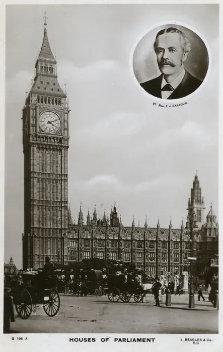 Framed Print : Big Ben and Houses of Parliament - Inset portrait of Balfour Framed Print : Big Ben and Houses of Parliament - Inset portrait of Balfour