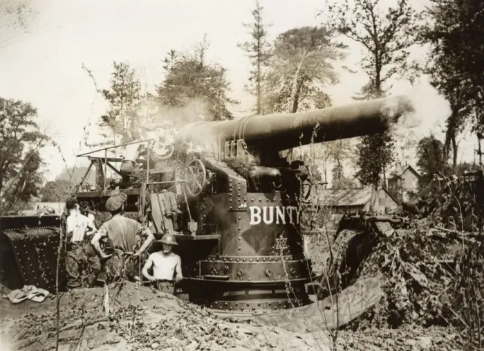 Framed Print : Big gun smoking after being fired, Western Front, WW1