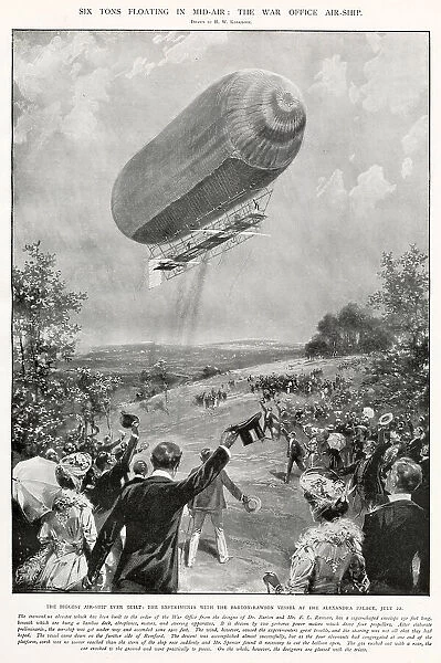 Biggest experimental airship built at the time, designed by Dr. Barton and F. L. Rawson flying over Alexandra Palace, London. Date: 22nd July 1905