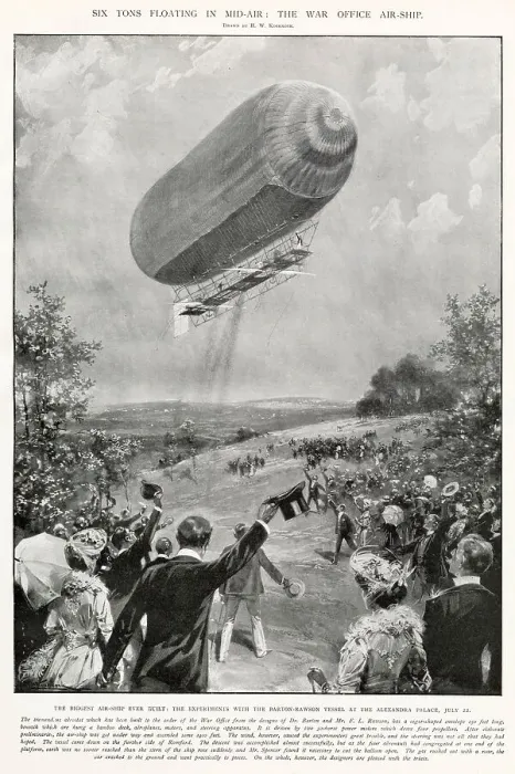 Framed Print : Biggest experimental airship built at the time, designed by Dr. Barton and F. L. Rawson flying over Alexandra Palace, London. Date: 22nd July 1905 Framed Print : Biggest experimental airship built at the time, designed by Dr. Barton and F. L. Rawson flying over Alexandra Palace, London. Date: 22nd July 1905