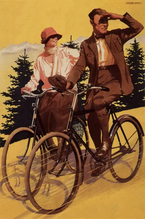 Framed Print : Bike Couple with Pines Date: 1925 Framed Print : Bike Couple with Pines Date: 1925