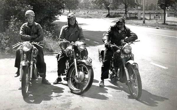 Three bikers on their 1940s  /  50s Matchless & AJS motorcycles