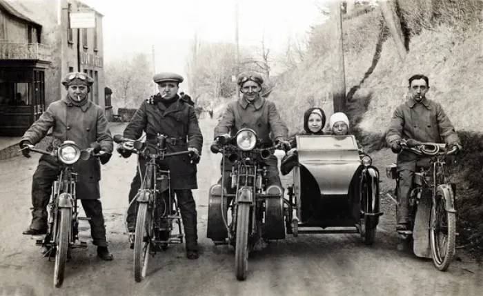 Framed Print : Four bikers & children on motorcycles, including Royal Enfie Framed Print : Four bikers & children on motorcycles, including Royal Enfie