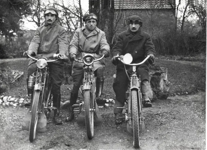Framed Print : Three bikers on veteran motorcycles Framed Print : Three bikers on veteran motorcycles