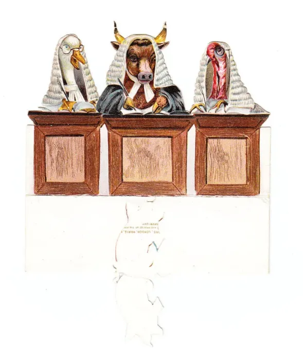 Framed Print : Three bird and animal judges on a cutout Christmas card Framed Print : Three bird and animal judges on a cutout Christmas card