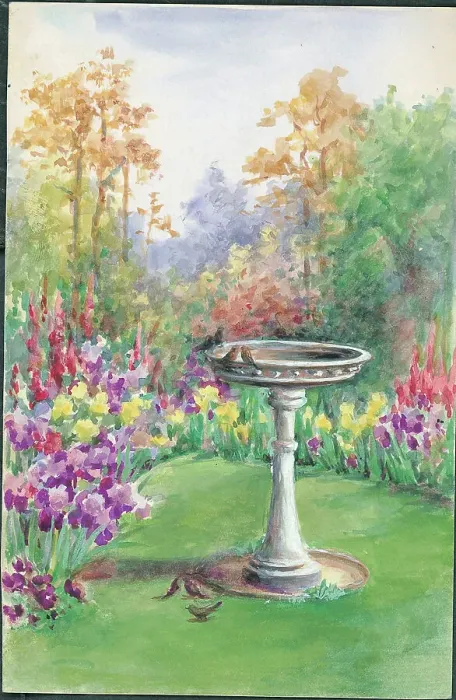 Framed Print : Bird bath'. Garden with flowers, lawn and birdbath Framed Print : Bird bath'. Garden with flowers, lawn and birdbath