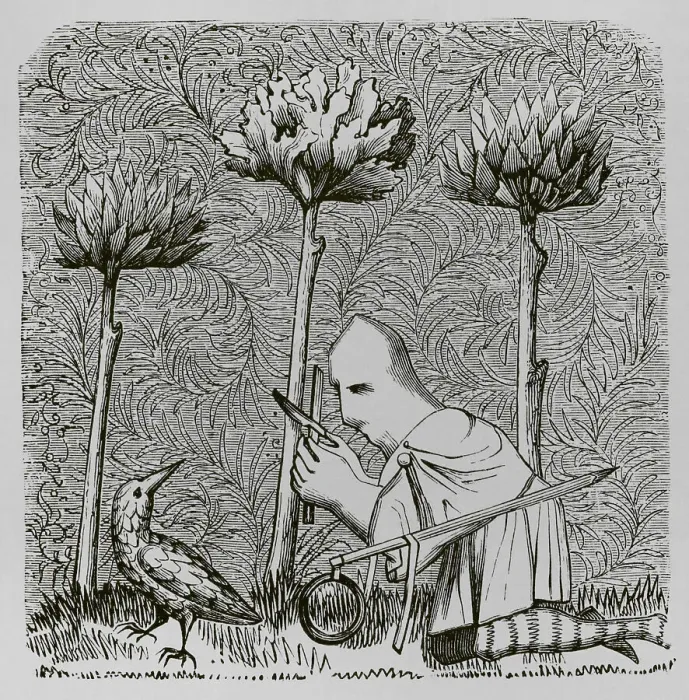 Framed Print : Bird hunter trying to catch a woodcock. Engraving Framed Print : Bird hunter trying to catch a woodcock. Engraving