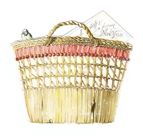 Bird perched on a basket on a cutout New Year card