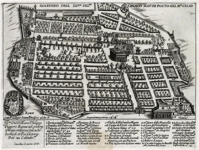 Framed Print : Bird s-eye view of the garden the illustrious Ciriaco Mattei, at Rome Framed Print : Bird s-eye view of the garden the illustrious Ciriaco Mattei, at Rome
