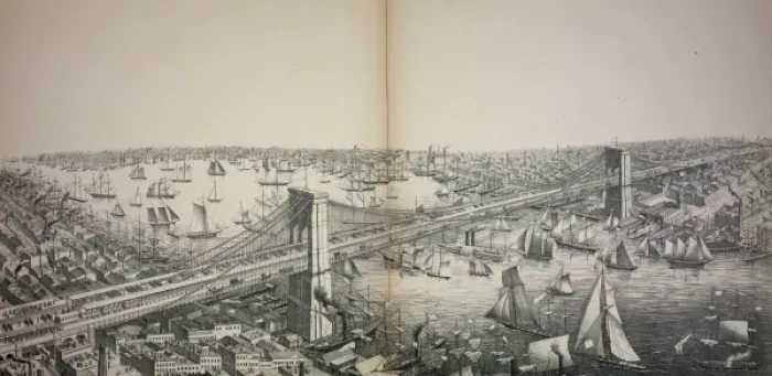 Framed Print : Bird s-eye view of the great suspension bridge, connecting t Framed Print : Bird s-eye view of the great suspension bridge, connecting t