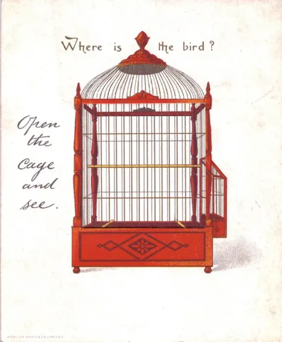 Framed Print : Empty birdcage on a greetings card Framed Print : Empty birdcage on a greetings card
