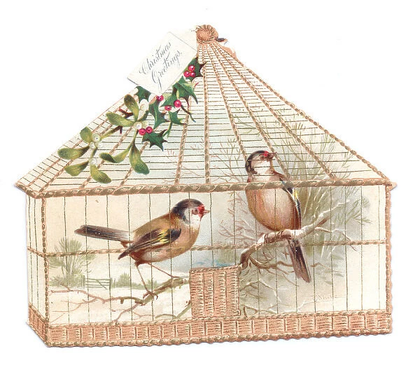 Two birds in a cage on a cutout Christmas card