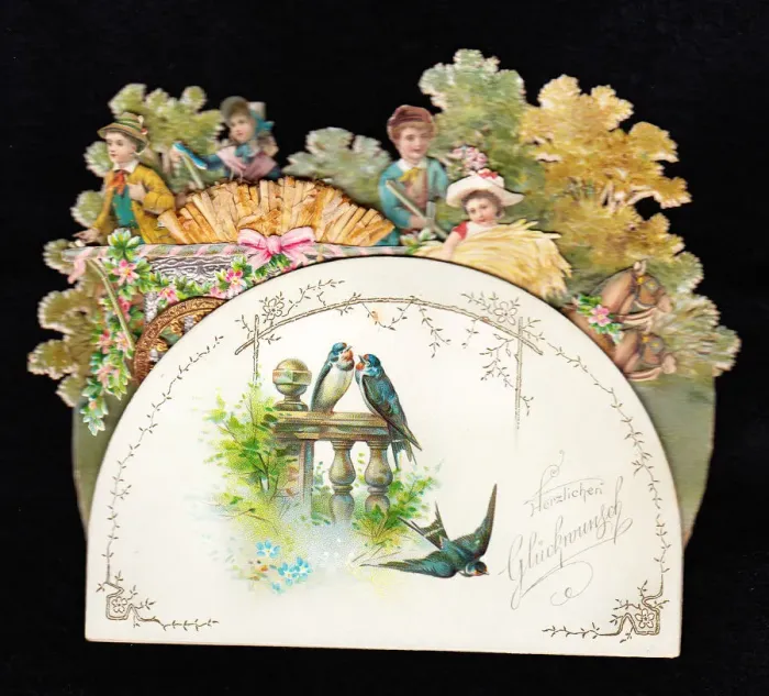 Framed Print : Birds and country scene on a German greetings card Framed Print : Birds and country scene on a German greetings card