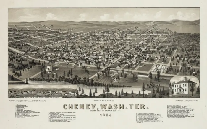 Framed Print : Birds Eye View of Cheney, Wash. Ter. County seat of Spokan Framed Print : Birds Eye View of Cheney, Wash. Ter. County seat of Spokan