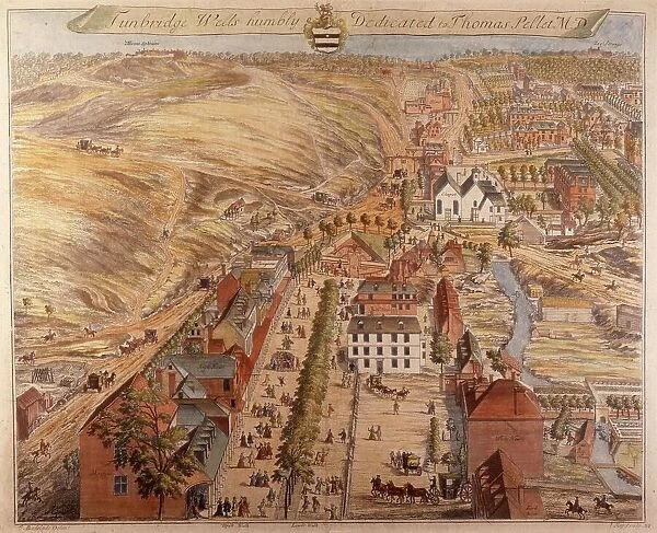 A bird's eye view of an English country town - Tunbridge Wells, Kent - the prominent white building is probably the town's chief coaching inn and hostelry. Date: 1719