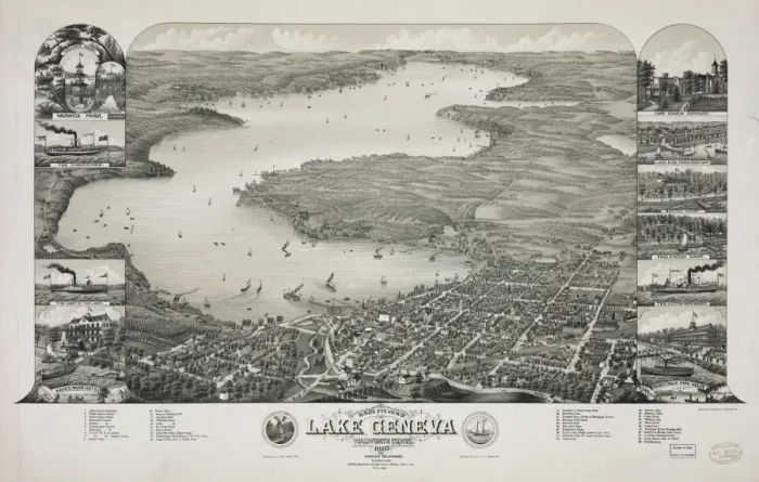 Framed Print : Birds eye view of Lake Geneva, Walworth Co. Wis. 1882 Framed Print : Birds eye view of Lake Geneva, Walworth Co. Wis. 1882