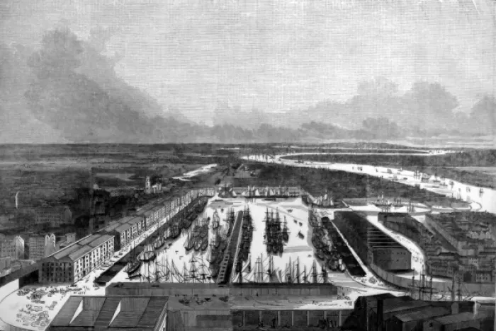 Framed Print : Birds Eye view of London Docks Framed Print : Birds Eye view of London Docks