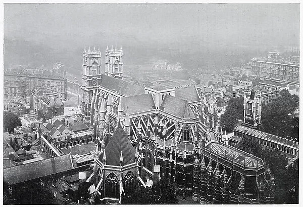 Bird's eye view from the top of Victoria Tower of of the magnificent view of the back of Westminster Abbey. Date: 1900s