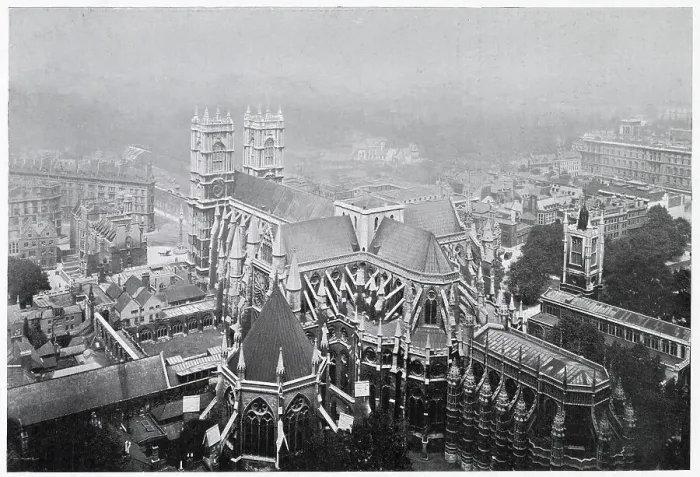 Framed Print : Bird's eye view from the top of Victoria Tower of of the magnificent view of the back of Westminster Abbey. Date: 1900s Framed Print : Bird's eye view from the top of Victoria Tower of of the magnificent view of the back of Westminster Abbey. Date: 1900s