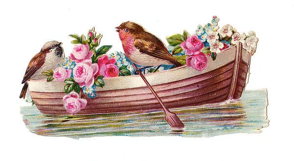 Birds and flowers in a boat on a Victorian scrap