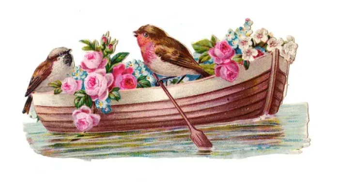 Framed Print : Birds and flowers in a boat on a Victorian scrap Framed Print : Birds and flowers in a boat on a Victorian scrap