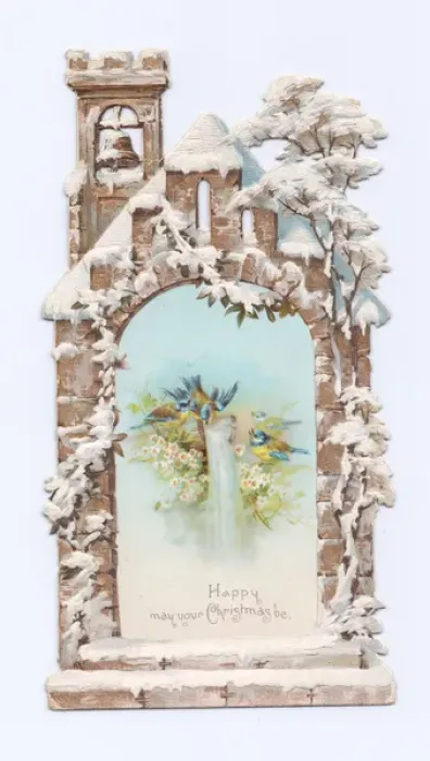 Framed Print : Birds with flowers and church on a Christmas card Framed Print : Birds with flowers and church on a Christmas card