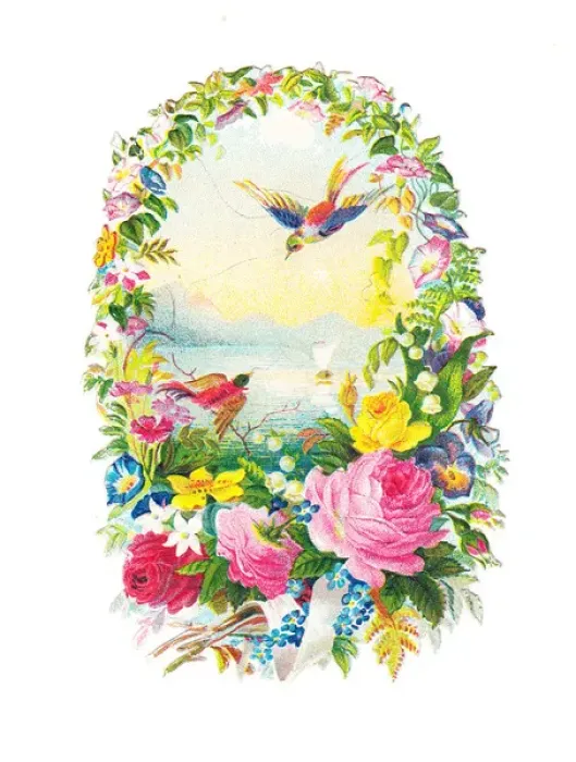 Framed Print : Birds and flowers on a Victorian scrap Framed Print : Birds and flowers on a Victorian scrap