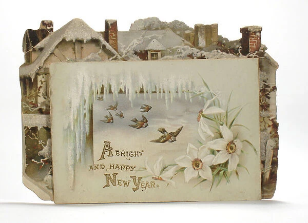 Birds, icicles and flowers on a New Year card