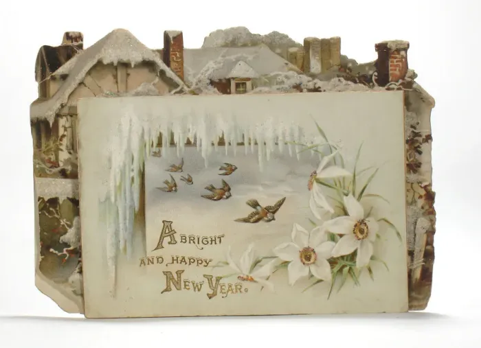 Framed Print : Birds, icicles and flowers on a New Year card Framed Print : Birds, icicles and flowers on a New Year card