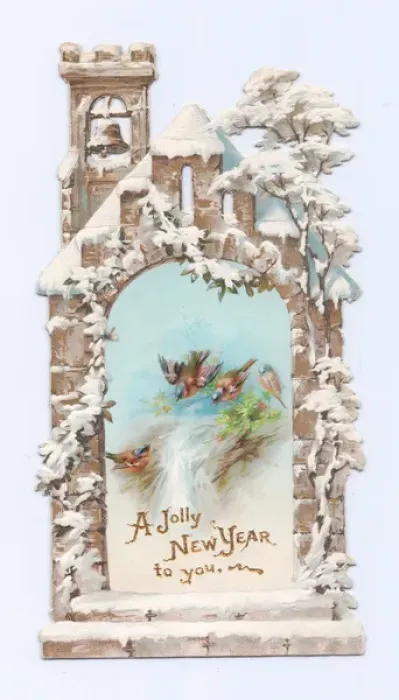 Framed Print : Birds inside a church on a New Year card Framed Print : Birds inside a church on a New Year card