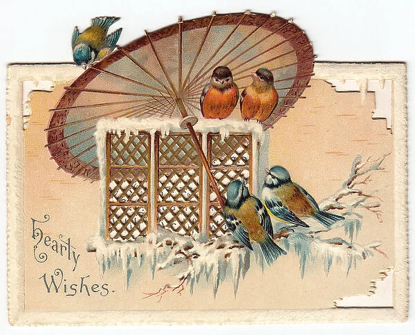 Five birds on an oriental style Christmas card