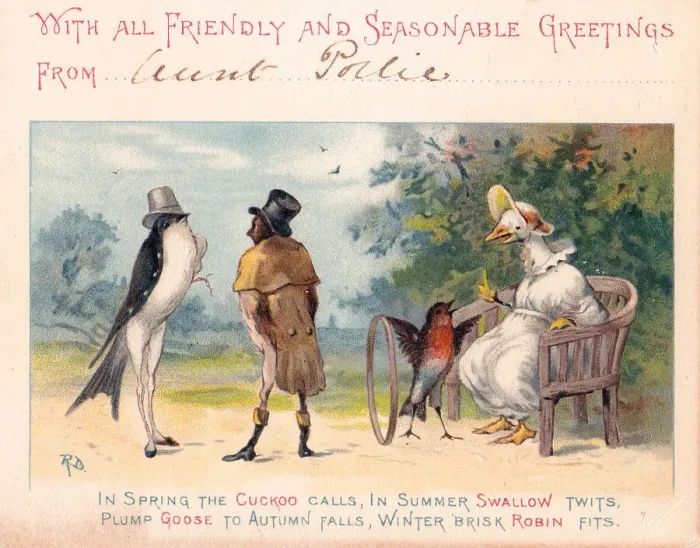 Framed Print : Four birds in a park on a Christmas card Framed Print : Four birds in a park on a Christmas card