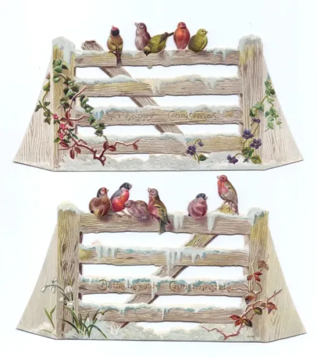 Framed Print : Birds perched on gates on two cutout Christmas cards Framed Print : Birds perched on gates on two cutout Christmas cards